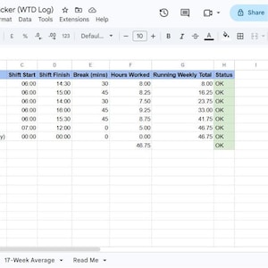 Op de afbeelding: Een digitaal spreadsheet getiteld UK HGV Driver Hours Tracker (WTD Log) met een wekelijks logboek van datums, dagen, begin- en eindtijden van diensten, pauzes in minuten, gewerkte uren, wekelijkse totalen en statuskolommen met OK-labels.