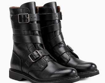 Handgjorda stövlar i fullnarvat läder med flera remmar och spännen | Biker Utility Combat Style