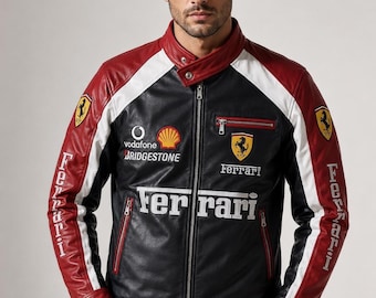 Anpassad Ferrari Racing-läderjacka, äkta kohud, biker- och motorsportstil