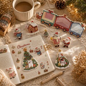 May include: A collection of embroidered Christmas-themed patches featuring cats in winter attire, Santa Claus, a gingerbread house, and a train. An open notebook displays similar stickers, including a cat in a tree, alongside a pen and a mug.