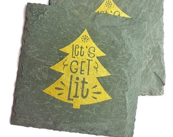 1 Let's Get Lit Slate Coaster - Christmas, Holiday, Party, Winter, Christmas Decor, Drinks, Eggnog, Snow, Hot Chocolate