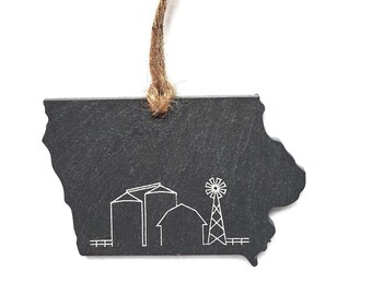 Iowa Farm Life Slate Ornament - Iowa Gift, Midwest, Christmas, Holidays, Wine Tag, Bottle Tag, Gift, Barn, Silo, Windmill, country