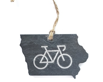 Iowa Bike Skyline Slate Ornament - Iowa Gift, Midwest, Christmas, Holidays, Wine Tag, Bottle Tag, Gift,  DSM, Ornament