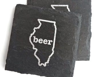 1 Illinois Beer Slate Coaster -Mancave, Garage, Fathers Day, Beer, Mens Gift, Midwest, White sox,bears, bulls, Chicago, Cubs, Craft Beer