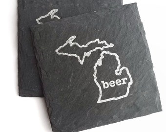 1 Michigan Beer Slate Coaster -Mancave, Garage, Fathers Day, Beer Lover, Mens Gift, Detroit, Lions, Tigers, Red Wings, Craft Beer