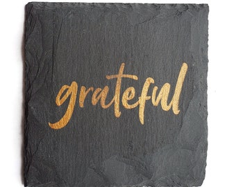 1 Grateful Slate Coaster - Barware, coffee, pumpkin spice latte, Home Decor, fall, autumn, Celebrate, Party, thanksgiving, holiday, copper