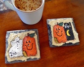 Hand-painted Halloween Coasters (Set of 2) Autumn, Housewarming -Ready to ship