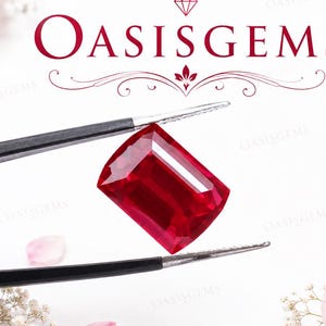 Puede incluir: Una piedra preciosa de color rojo intenso, rectangular y facetada, sujeta por unas pinzas de metal negro. El texto OASISGEMS aparece impreso en rojo sobre la gema, junto a un icono de diamante y adornos. Flores rosas suaves de fondo.