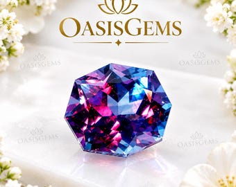 Könnte beinhalten: Ein facettierter, sechseckiger Edelstein mit einem lebendigen Farbverlauf aus tiefem Violett, Magenta und leuchtendem Blau. Der Stein weist scharfe, geometrische Schliffe auf, die das Licht reflektieren, mit dem Text OasisGems und einem Lotus-Symbol.