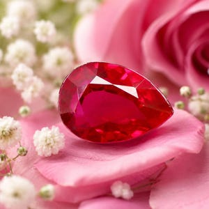 May include: A pear-shaped, faceted ruby gemstone with a deep red color and high clarity. The gemstone is positioned among soft pink rose petals and small clusters of white baby's breath flowers, highlighting its brilliant cut and reflective surface.