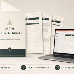 Pode incluir: Um kit de planejador digital intitulado MEIN REFERENDARIAT Das vollständige Entlastungs-Kit, com uma capa de livro, três layouts de página impressos e um laptop exibindo o documento. Design em creme, preto e verde escuro com ícones.