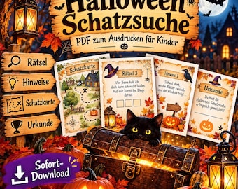 May include: A Halloween treasure hunt printable set featuring a wooden sign with the text Halloween Schatzsuche, PDF zum Ausdrucken für Kinder, and Sofort-Download. Includes cards with riddles, a map, clues, and a certificate, surrounded by pumpkins, autumn leaves, a black cat, and lanterns.