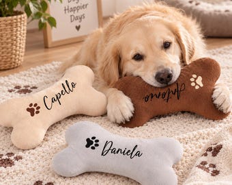 Gepersonaliseerd hondenbot, pluche huisdierspeeltje met eigen naam, zacht kussen in de vorm van een bot, schattig puppyspeeltje voor een verjaardag of kerstcadeau voor hondenliefhebbers.