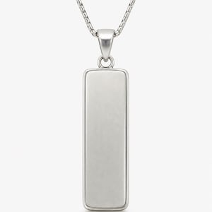 May include: A silver-toned rectangular pendant necklace featuring a smooth, flat, vertical bar design with rounded edges. The pendant is suspended from a delicate, polished silver-toned box chain that connects to a simple, sturdy metal bail.