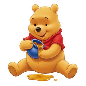 Puede incluir: Un personaje de oso amarillo con una camiseta roja, sentado y sosteniendo una olla azul. Miel dorada gotea de la boca del oso y de la olla, creando un charco de miel en el suelo debajo de los pies del oso en esta ilustración.