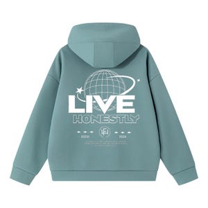 May include: A dusty teal hooded sweatshirt featuring a white graphic on the back. The design includes a globe with a ring, the text "LIVE HONESTLY," and a small emblem with "ESTD 2026" below it. The hoodie has long sleeves and a hood.