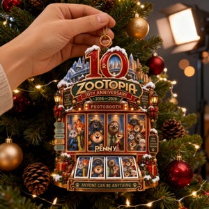 May include: A Zootopia 10th Anniversary 2016-2026 photobooth Christmas ornament featuring characters like Judy Hopps and Nick Wilde. The design includes the text Zootopia, 10th Anniversary, Photobooth, Penny, and Anyone Can Be Anything.