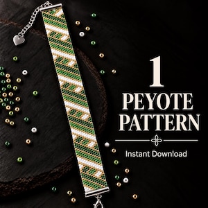 May include: A beaded bracelet featuring a diagonal geometric pattern in green, white, and gold seed beads with silver-tone metal end caps and a heart-shaped charm. The text 1 PEYOTE PATTERN Instant Download is displayed to the right of the bracelet.
