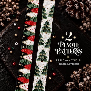 May include: Two peyote stitch beadwork patterns featuring Christmas tree motifs. One strip has a black background with red, green, and white diamond shapes, while the other has a white background with green trees. Text reads 2 PEYOTE PATTERNS PERLENA STUDIO.