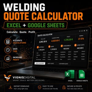 May include: A digital welding quote calculator software interface displayed on a laptop screen. The dashboard features sections for materials, labour, consumables, and other costs, with calculated totals for cost, price, profit, and margin in euros.