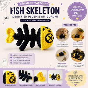 May include: A digital crochet pattern for a fish skeleton plushie amigurumi. The design features a black yarn spine with yellow accents on the head and tail. The text includes Crochet Pattern, Fish Skeleton, Dead Fish Plushie Amigurumi.