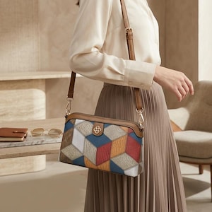 Bolso bandolera con bloques de color estilo patchwork, bolso de viaje ligero de PU (unisex)