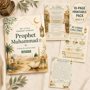 Op de afbeelding: Een 10-pagina tellend printbaar activiteitenpakket getiteld My Little Prophet Stories Prophet Muhammad voor kinderen van 5-9 jaar. De set bevat een boekomslag, een woordzoeker en uitdagingsbladen met illustraties van lantaarns en boeken.