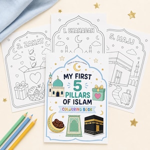 May include: A coloring book titled My First 5 Pillars of Islam with a colorful cover featuring a mosque, a gift, a crescent moon, a prayer mat, and the Kaaba, surrounded by three black and white coloring pages labeled 1. Shahadah, 3. Zakat, and 5. Hajj.