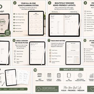 Planificador de enfoque para TDAH 2027, digital, diario, semanal y mensual, imprimible en GoodNotes (PDF)