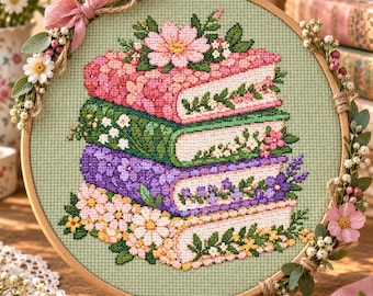 Può includere: Un telaio da ricamo circolare in legno contenente un motivo a punto croce di una pila di quattro libri su tessuto verde chiaro. I libri sono decorati con fiori rosa, verdi, viola e bianchi. Il telaio è ornato con un nastro rosa e dei fiori.
