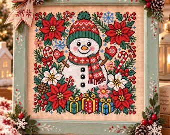 Può includere: Un ricamo a punto croce quadrato con un pupazzo di neve centrale che indossa un cappello e una sciarpa rossi e verdi, circondato da stelle di Natale rosse, fiori bianchi, bastoncini di zucchero e regali in una cornice di legno verde chiaro.