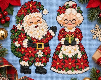 Può includere: Un motivo a punto croce su tessuto azzurro raffigurante Babbo Natale e la Signora Natale. Babbo Natale indossa un abito rosso con motivi di stelle di Natale verdi e una barba bianca. La Signora Natale ha capelli bianchi, occhiali e un abito rosso.