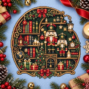 May include: A cross-stitch embroidery on light blue fabric featuring a circular scene with two nutcrackers, bookshelves filled with colourful books, a Christmas tree, wrapped gifts, a globe, a lantern, and decorative red bows and greenery.