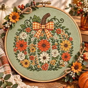 Op de afbeelding: Een ronde houten borduurring met een kruissteekpatroon in de vorm van een pompoen, gevormd door oranje, gele en witte bloemen op een saliegroene stoffen achtergrond, versierd met een oranje geruite strik en decoratieve bloementakjes.
