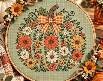 Può includere: Un telaio da ricamo circolare in legno contenente un motivo a punto croce a forma di zucca, composto da fiori arancioni, gialli e bianchi su un tessuto verde salvia, decorato con un fiocco arancione a quadri e rametti floreali.
