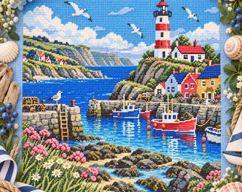 Può includere: Un ricamo a punto croce che raffigura una scena costiera con un faro rosso e bianco, case colorate, pescherecci in un porto e gabbiani che volano in un cielo blu. Il primo piano presenta fiori rosa ed erba verde.