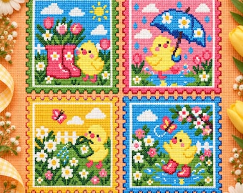 Può includere: Un motivo a punto croce con quattro pannelli quadrati dai bordi smerlati. Ogni pannello raffigura un pulcino giallo in diverse scene stagionali, tra cui stivali rosa con fiori, un ombrello blu sotto la pioggia e l'innaffiatura dei fiori.