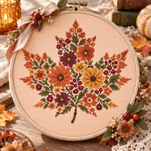 Op de afbeelding: Een ronde houten borduurring met een kruissteekpatroon van een esdoornblad, samengesteld uit diverse herfstkleurige bloemen en bladeren in tinten oranje, geel, bordeauxrood en groen, versierd met stoffen linten en besjes.
