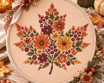 Può includere: Un telaio da ricamo circolare in legno contenente un motivo a punto croce a forma di foglia d'acero, composto da vari fiori e fogliame dai colori autunnali in tonalità arancione, giallo, bordeaux e verde, decorato con nastri e bacche.