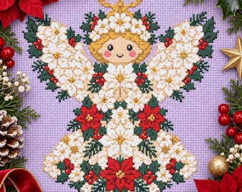 Può includere: Un ricamo a punto croce su tessuto viola chiaro raffigurante una figura d'angelo stilizzata. L'angelo presenta un'aureola dorata, capelli gialli e un abito composto da fiori di stella di Natale bianchi, accenti rossi e foglie di agrifoglio.