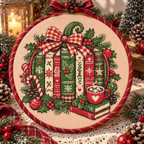 Christmas Bookshelf Floral Cross Stitch Pattern, Holiday Book Lover Christmas Pumpkin Library PDF