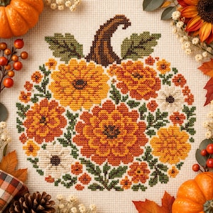 Peut inclure: Un motif de broderie au point de croix sur tissu crème représentant une citrouille composée de fleurs jaunes, orange et blanches avec des feuilles vertes et une tige marron foncé, entourée de citrouilles, pommes de pin et feuilles d'automne.