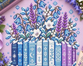 Può includere: Un motivo per ricamo a punto croce raffigurante una fila di libri blu e viola disposti verticalmente, sormontati da un bouquet di campanule, lavanda e fiori bianchi su un tessuto a griglia color viola chiaro.