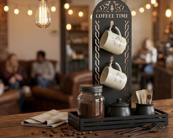 May include: A black metal coffee station organizer featuring a vertical stand with the text COFFEE TIME, two cream-colored mugs with coffee cup graphics, a glass jar filled with coffee grounds, a small black lidded container, and two spoons.