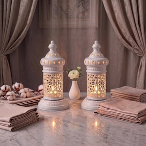 May include: Two white metal lanterns with intricate geometric cutouts and a domed top, each containing a glowing candle. The lanterns are positioned on a surface with stacks of folded fabric napkins and a small white vase holding a single flower.