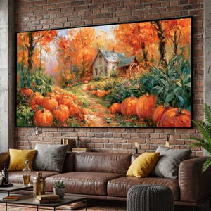 Lienzo con diseño de huerto de calabazas otoñales, arte de pared acogedor para cabaña, lienzo con paisaje otoñal, decoración de temporada de cosecha, arte rústico para el hogar en lienzo