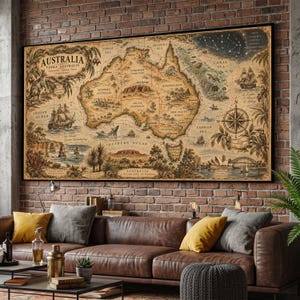 Vintage Australien karta canvas, antik väggkonst, nautisk havsillustration, kängurudekor, kompassros canvas, upptäcktsresande tema