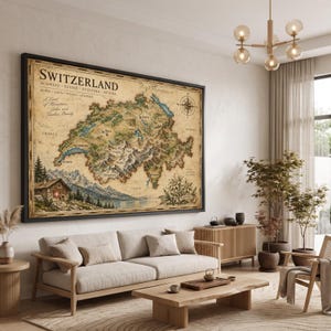 May include: A large framed wall map of Switzerland featuring a vintage-style aesthetic with detailed topography, mountain ranges, and lakes. The map includes the text Switzerland, Schweizer, Suisse, Svizzera, and Svzra with a compass rose.