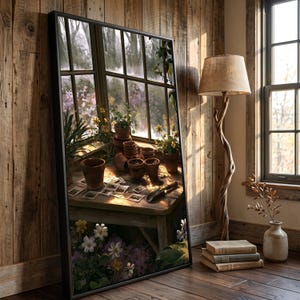 Ventana soleada de invernadero, lienzo para espacio de trabajo de jardinería, plantas en macetas y paquetes de semillas, arte de pared rústico para mesa de jardinería, decoración botánica para el hogar