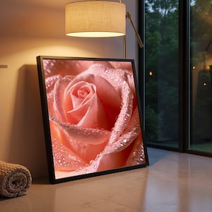 May include: A square framed wall art piece featuring a macro photograph of a soft pink rose with visible water droplets on its petals. The artwork is encased in a thin black frame, showcasing the intricate texture and delicate layers of the flower.